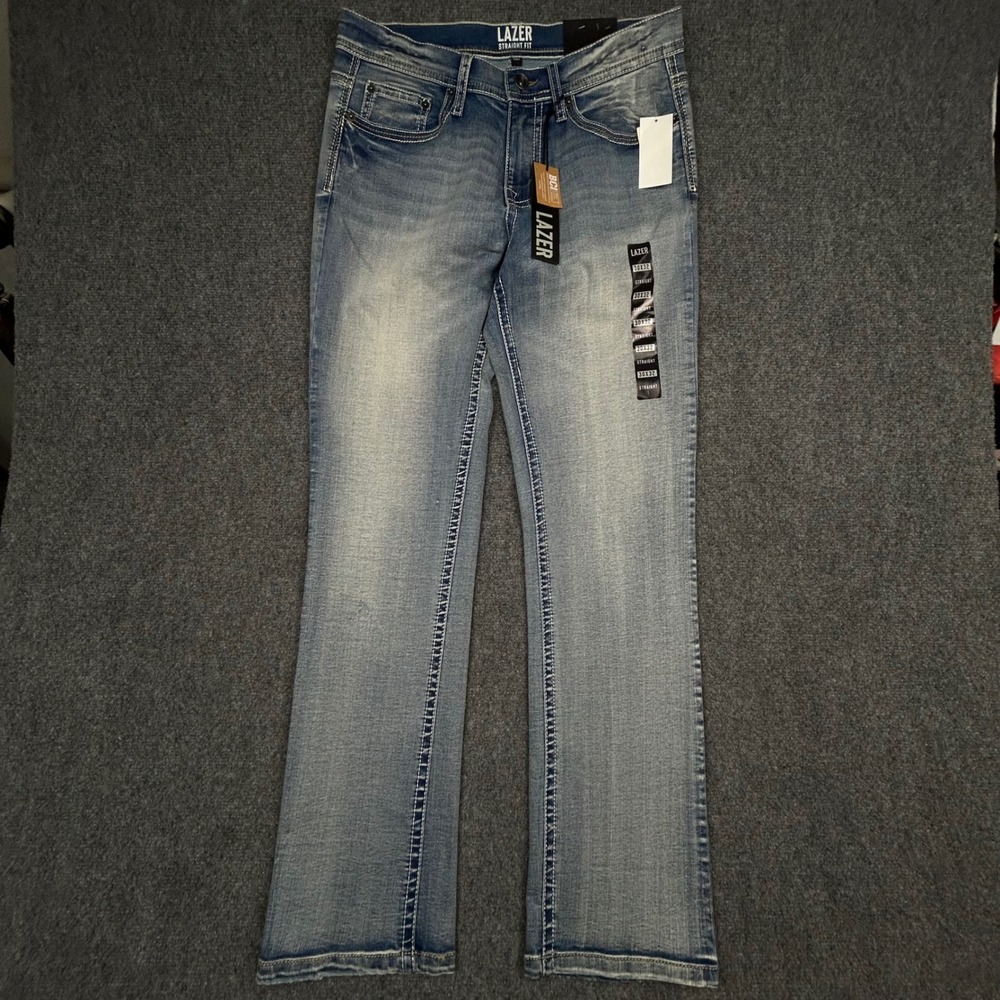 Lazer Straight Fit Jeans Mens 30x32 Blue Medium Wash Stretch Thick Stitch Denim